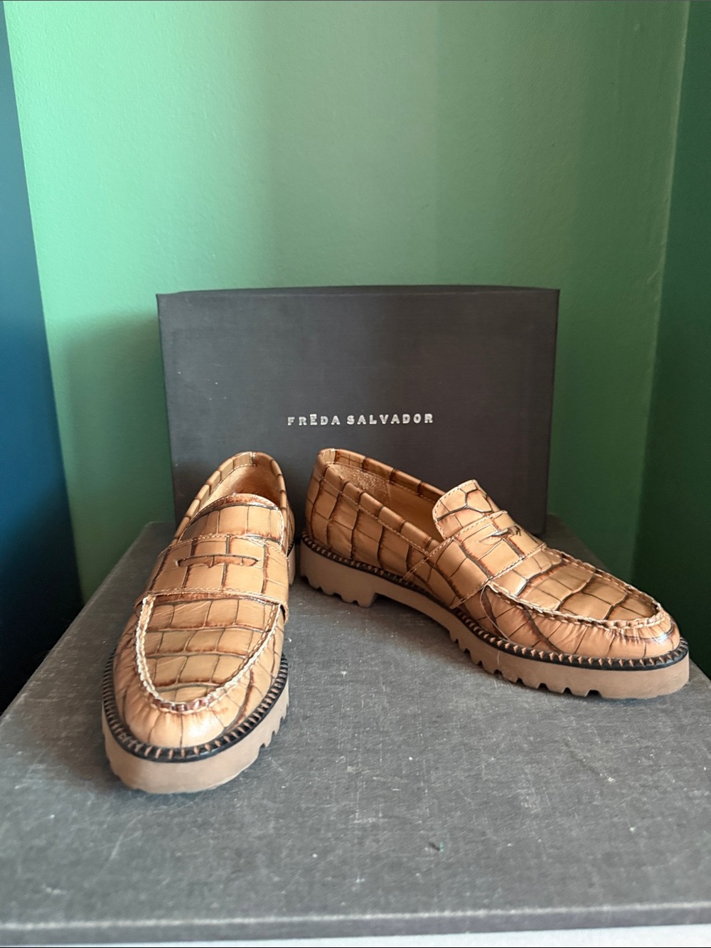 Freda Salvador Tan Croc-Embossed Lug Sole Loafers